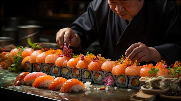 Japanse chef-kok bereidt sushi en rolletjes voor in een restaurant Sushi menu