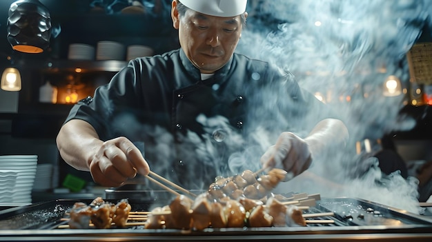 Foto japanse chef-kok grilt kip met rook ai gegenereerd