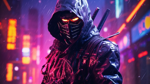 Japanse cyberpunk ninja in een neon stad Ai gegenereerde kunst