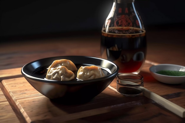 Japanse dumplings in een bord en sojasaus