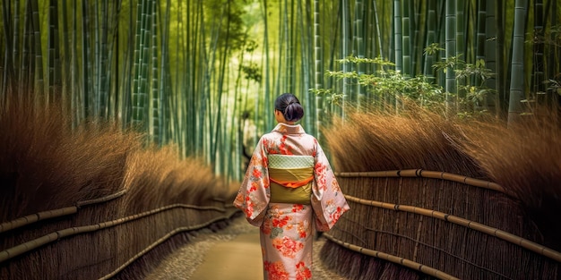 Japanse geisha die door een bamboesbos loopt