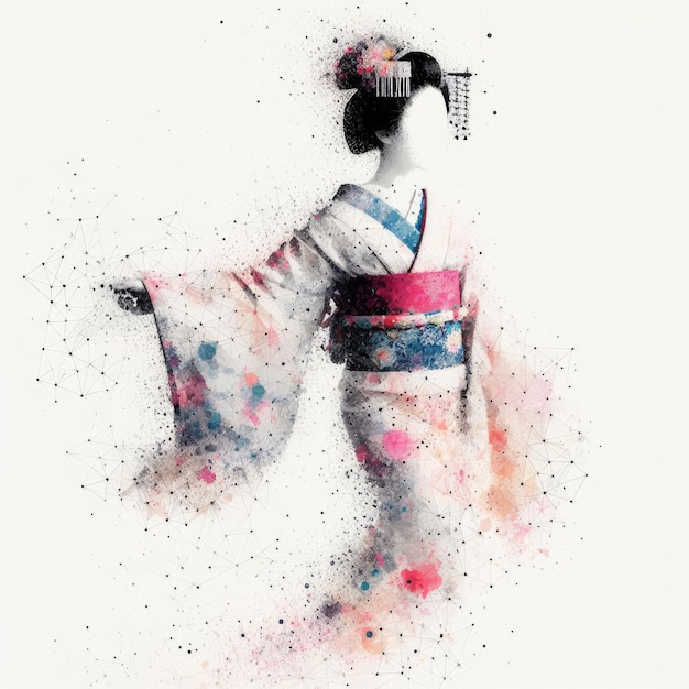 Japanse geisha in kimono jurk in splash inkt schilderij en driehoek met Generative AI