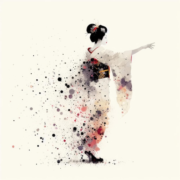Japanse geisha in kimono jurk in splash inkt schilderij en driehoek met Generative AI