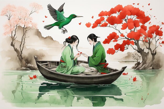 Japanse geliefden die samen een vrouw charmeren, sluiten in een boot op Valentijnsdag