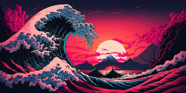 Japanse giant Tsunami Wave in the Synthwave Outrun Cyberpunk