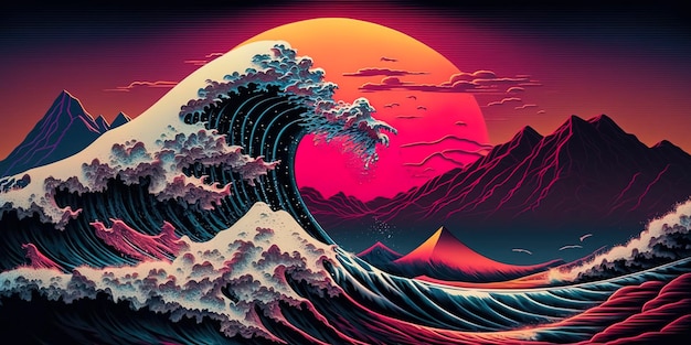 Japanse giant Tsunami Wave in the Synthwave Outrun Cyberpunk