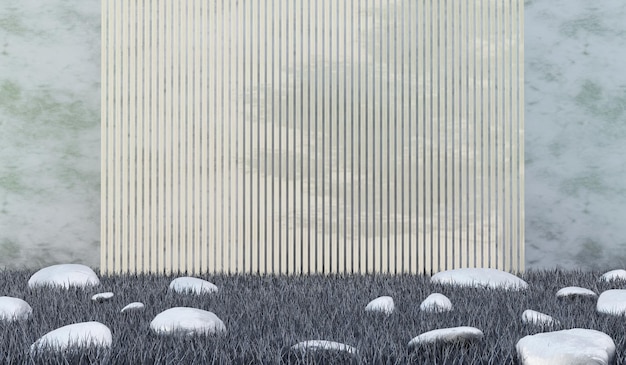 Japanse houten scène achtergrond voor weergave Gras en stenen grond 3D illustratie