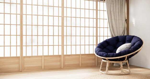 Japanse interieur in paarse stijl heeft een fauteuil bank in de woonkamer minimaal