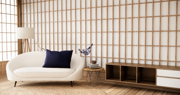 Foto japanse interieur in paarse stijl heeft een fauteuil bank in de woonkamer minimaal