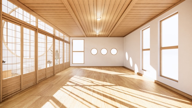 Japanse kamer tropische interieur stijl, grote lege kamer interieur. 3D-weergave