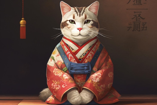 Japanse kat in een rode kimono op een donkere achtergrond