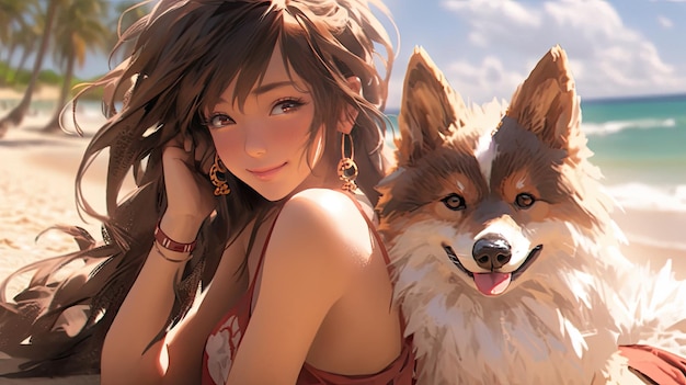Japanse Kawaii en Anime Vibes Digitale kunst van een meisje met hond op een strand