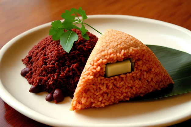 Japanse keuken Rode rijstbolvormige rijst en bonendriehoeken een typisch rijstgerecht uit Japan De componenten zijn kleefrijst en rode bonen