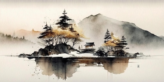 Japanse kunst zachte tinten grimmige landschap aquarel