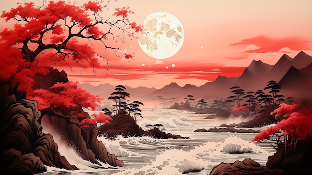 Japanse landschap oceaan surf nacht maan rode en bruine tonen gegenereerd ai