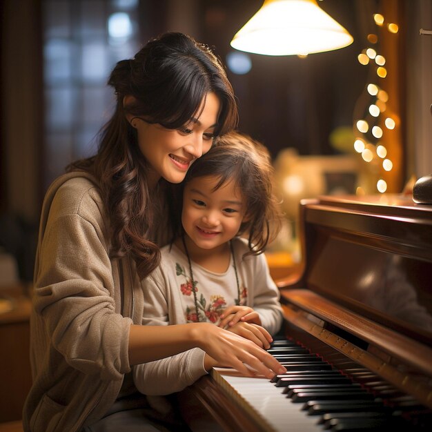 Japanse moeder en dochter geven les en leren piano spelen