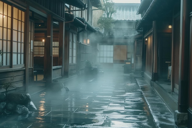 Japanse onsen ryokan Japanse openluchtbaden met warm water uit geothermisch verwarmde bronnen Traditonal stijl architectuur ryokan