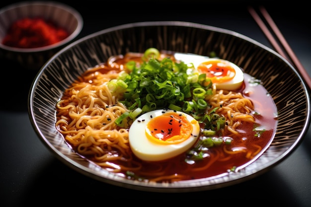 Japanse ramennoedels met gekookt ei en groene ui op zwarte achtergrond Japanse Ramen-noedels in soep met sojasaussmaak AI gegenereerd