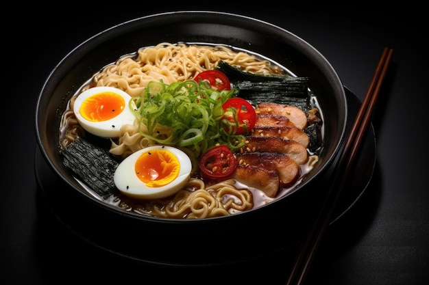 Japanse ramensoep met noedels op donkere achtergrond Traditionele Aziatische keuken