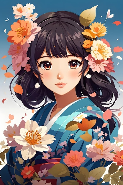 Japanse schattige anime met bloemen Japanse Anime Girl Anime Girl Japanse Anime AI Generatief