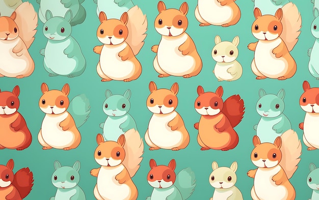 Japanse schattige eekhoorn herhaalde patronen anime kunststijl met pastelkleuren
