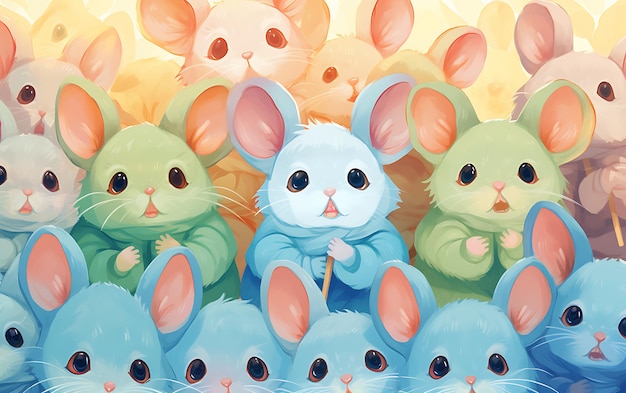 Japanse schattige muis herhaalde patronen anime kunststijl met pastelkleuren