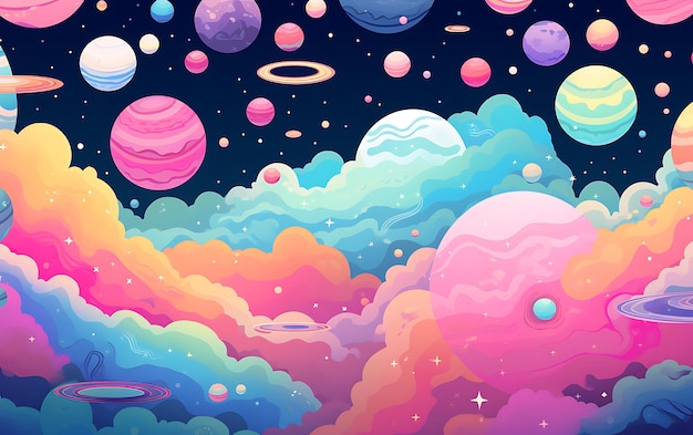 Japanse schattige planeet herhaalde patronen anime kunststijl met pastelkleuren