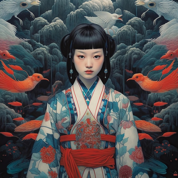 Japanse stijl Digitale kunst Moderne esthetiek Minimalistisch Kimono Japans meisje