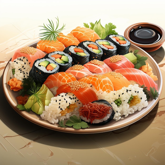 Japanse sushi met details op een witte achtergrond.