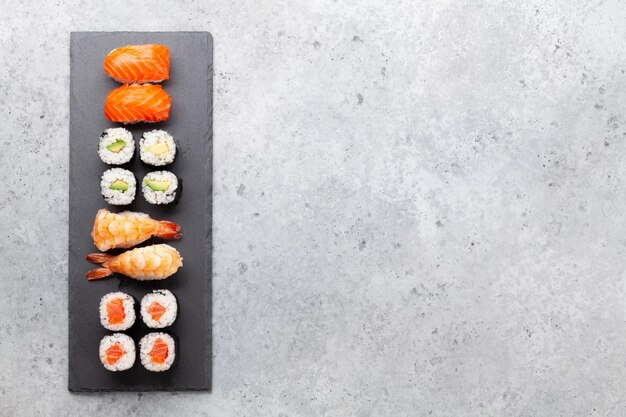 Japanse sushi set Top view flat lay met kopieerruimte