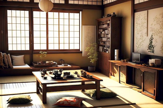 Japanse traditionele met tatamimatten en lage tafels japanse woonkamer