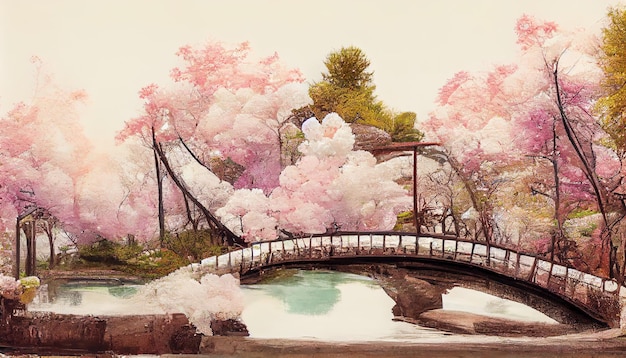 Japanse tuin met een brug kersenbloesems