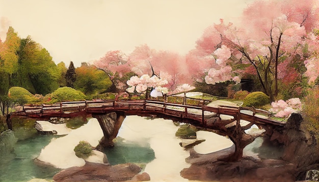 Japanse tuin met een brug kersenbloesems