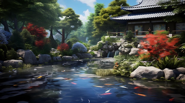Japanse tuin met een serene rotspad en een koi-vijver