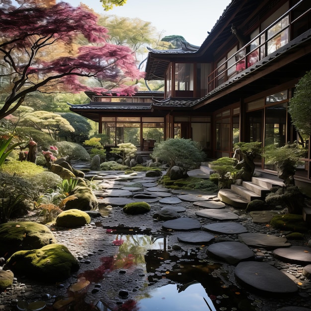 Japanse tuin met een traditioneel huis