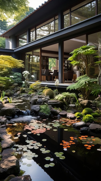 Japanse tuin met een vijver en een huis op de achtergrond