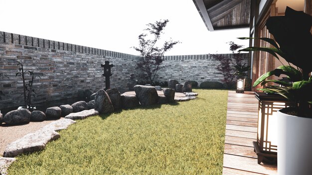 Foto japanse tuin tropische exterieur ontwerp japan style.3d rendering