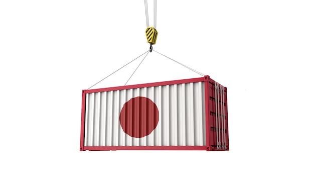 Japanse vlag vrachthandelscontainer hangend aan een kraan d render