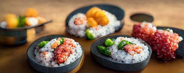 Japanse voedselmix op restauranttafel sashimi zalmsushi en wasabi