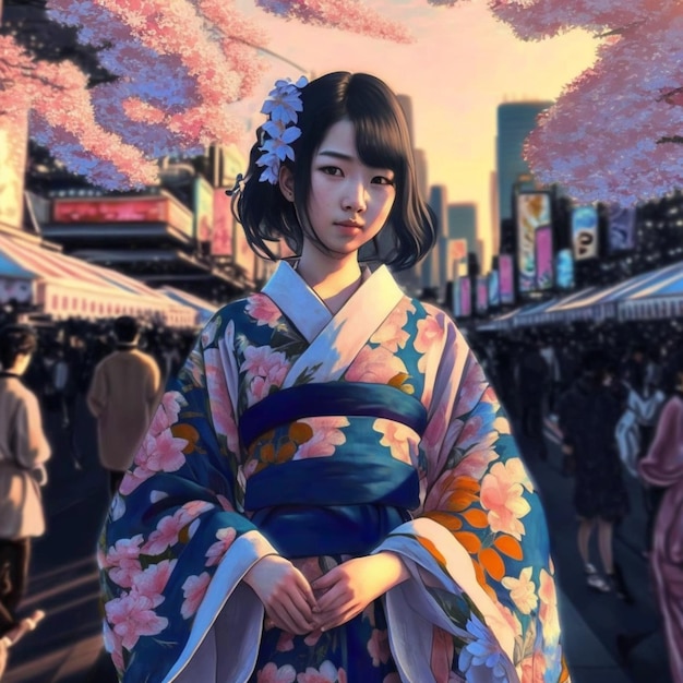 Japanse vrouw die een blauwe kimono met roze draagt