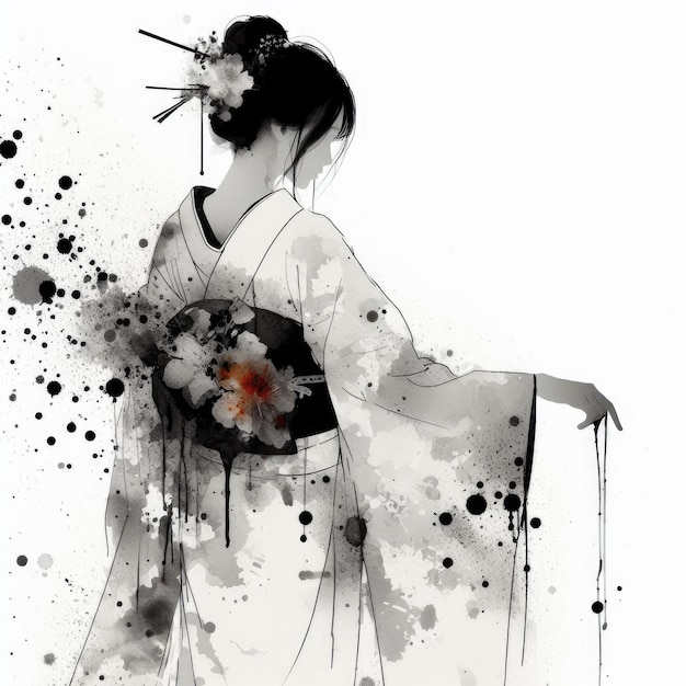 Japanse vrouw in kimono jurk in splash inkt schilderen met Generative AI