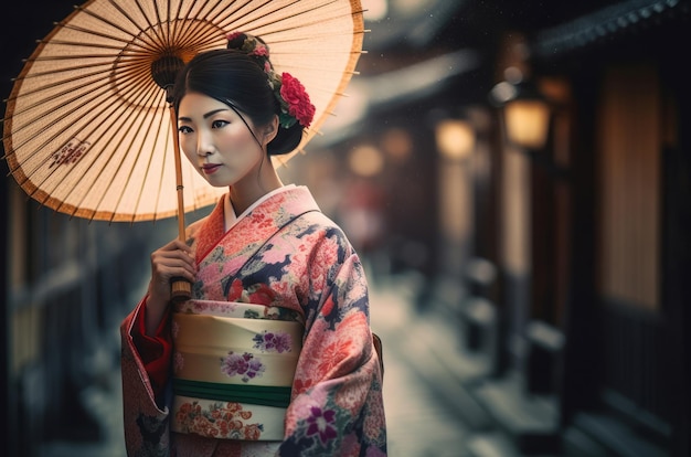 Japanse vrouw met paraplu Persoon vrouwelijke straatfoto genomen Generate Ai