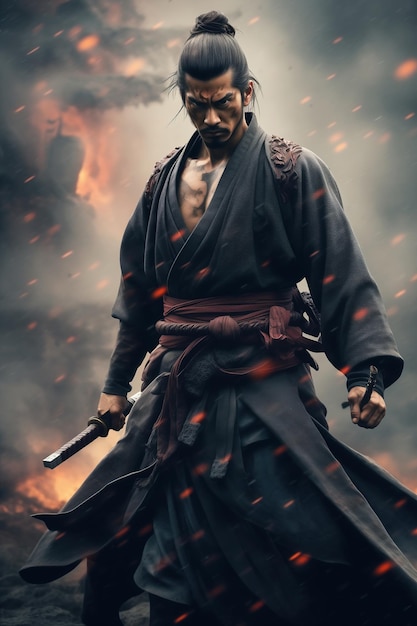 Japanse woeste samurai krijger met katana op een dramatische neutrale achtergrond
