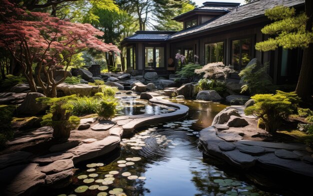 Japanse Zen-tuin die rust biedt met Koi-vijver