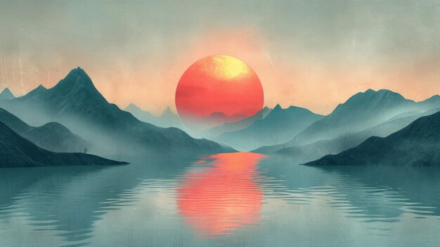 Japanse zonsondergang kunst zonsondergang over een serene meer omringd door majestueuze bergen