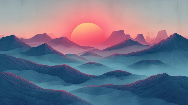 Japanse zonsondergangskunst zonsondergang verlicht een levendig golvend landschap