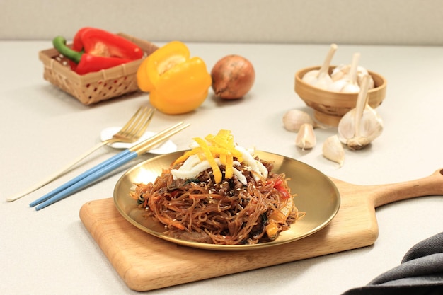 Japchae Korean Cuisine Glass Chapchae Noodles Dish with Vegetables and Meat