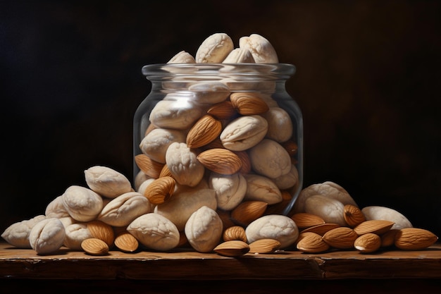 a jar of almonds with a black background with a picture of almonds