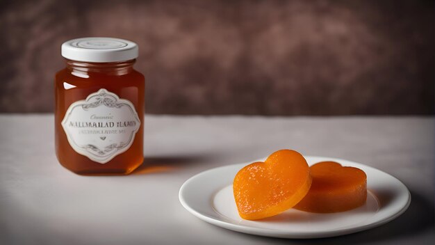 Foto un barattolo di marmellata di albicocche su un piatto bianco e due metà di albicacce sullo sfondo