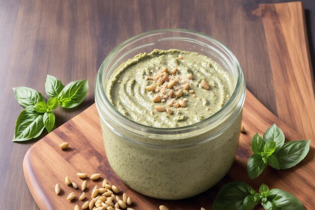 A jar of basil pesto with a few fresh basil leaves on a wooden board.